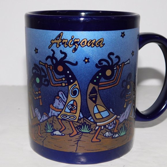 Vintage ARIZONA Kokopelli Flute Playing Dancing Blue Metallic Coffee Mug - Picture 5 of 7